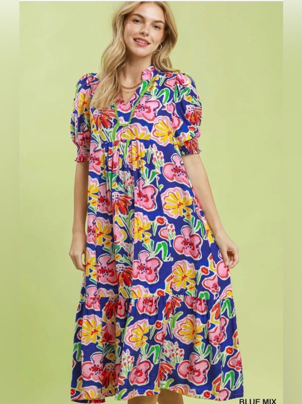 Umgee Floral Print Puff Sleeve Tiered Midi Dress🛍️